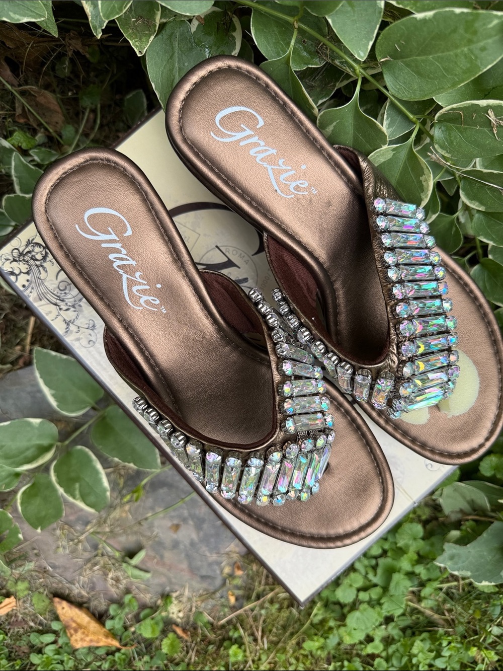 Grazie Bronze Crystal Embellished Slide Sandals Sz. 7.5
